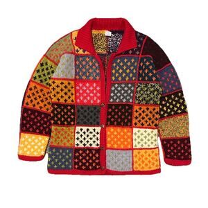 Vintage Las Americas 100% Wool Multicolor Knit Patchwork Sweater Boho XL